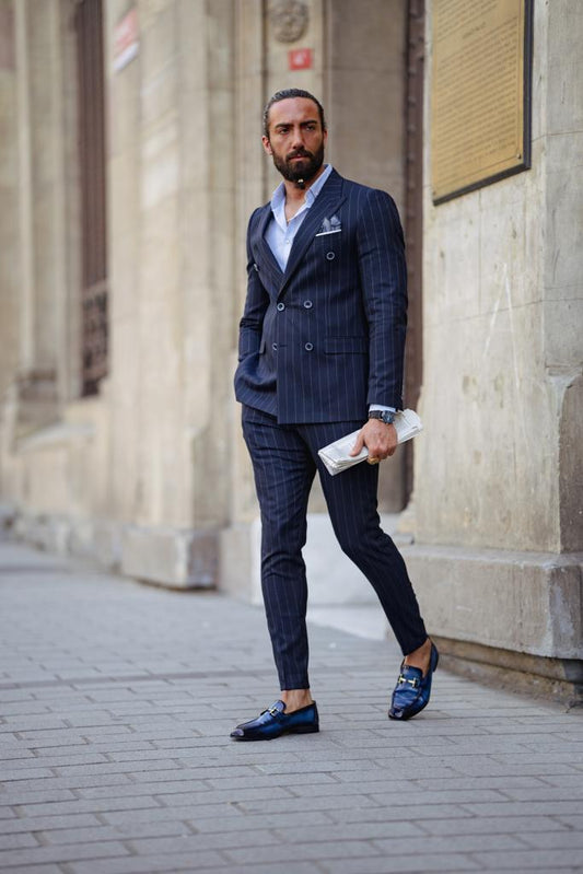 Evo Dark Blue Slim Fit Double Breasted Pinstripe Suit