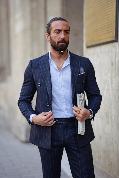 Evo Dark Blue Slim Fit Double Breasted Pinstripe Suit