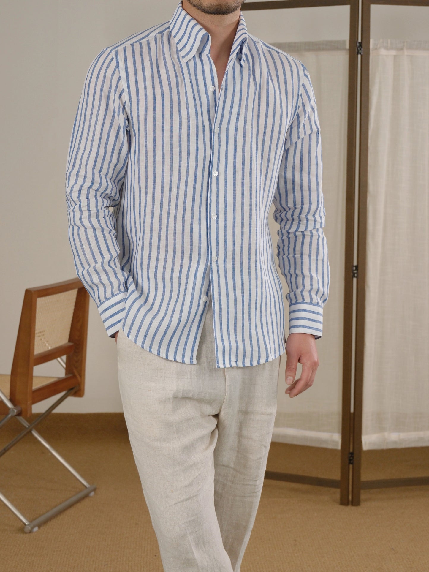 Neapolitan-Style Striped Breathable Linen Men's Shirt