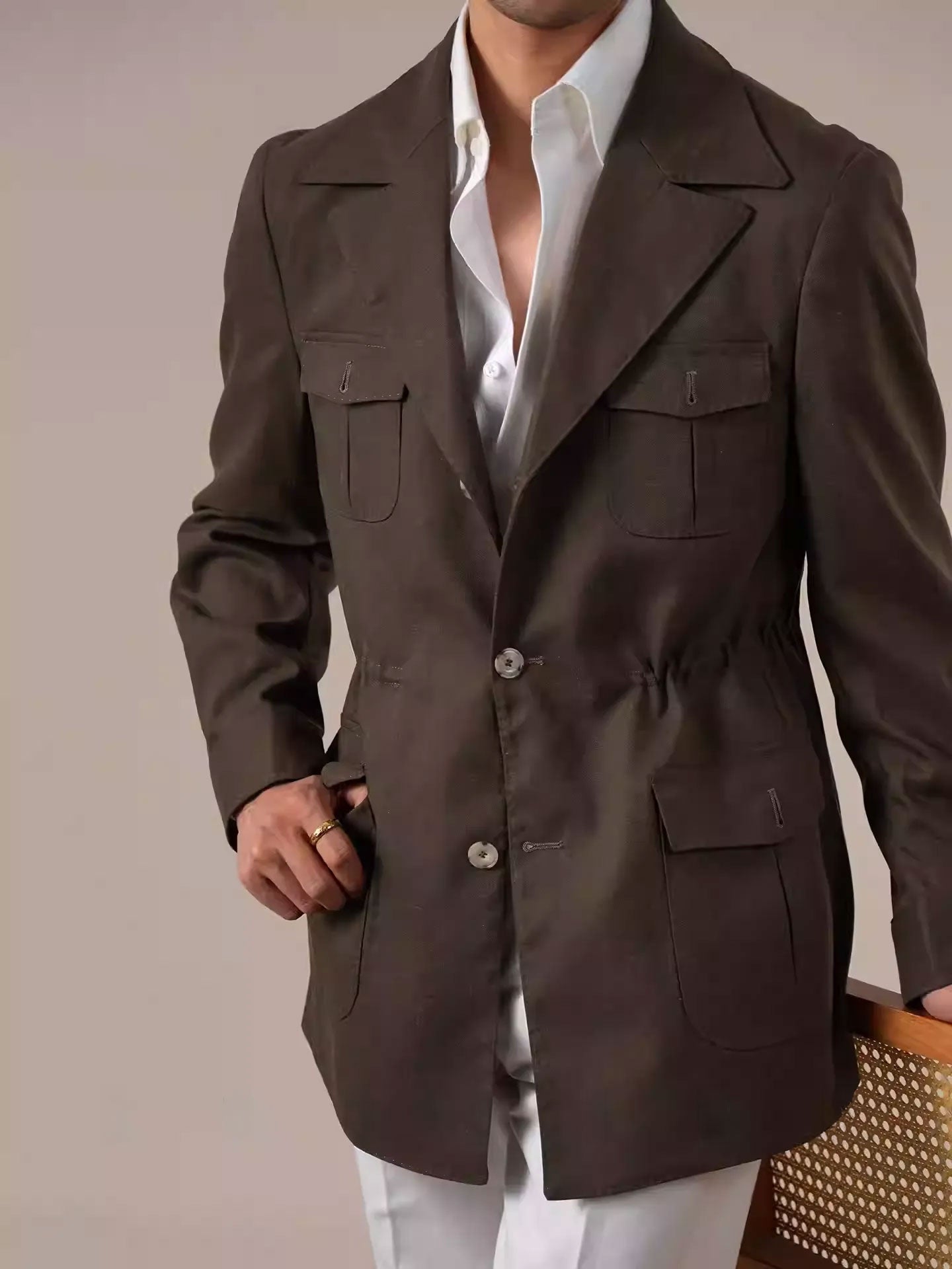 Men’s Vintage Safari Jacket — Slim-Fit Linen Blazer Collar Casual Coat BRABION