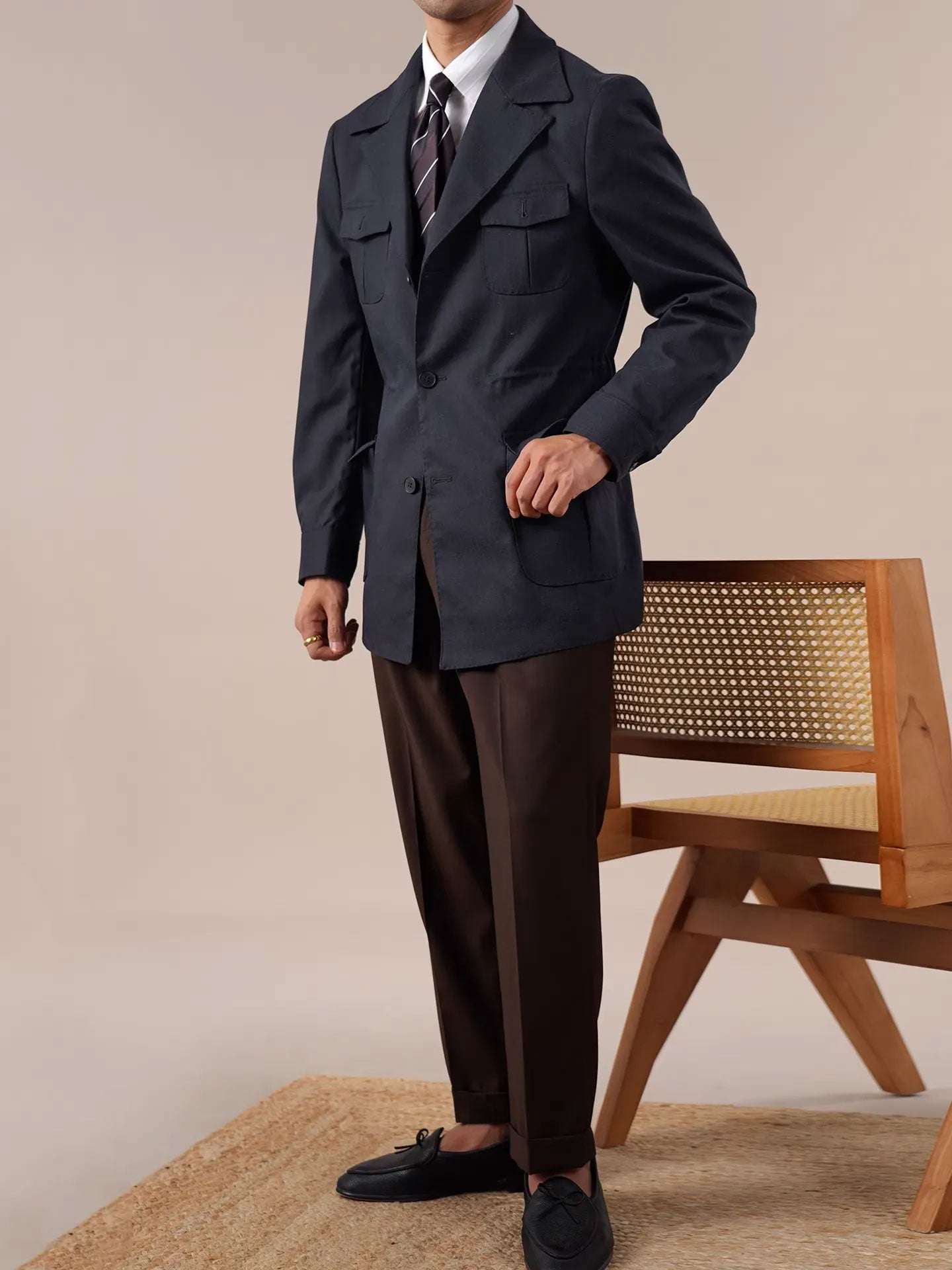 Men’s Vintage Safari Jacket — Slim-Fit Linen Blazer Collar Casual Coat BRABION