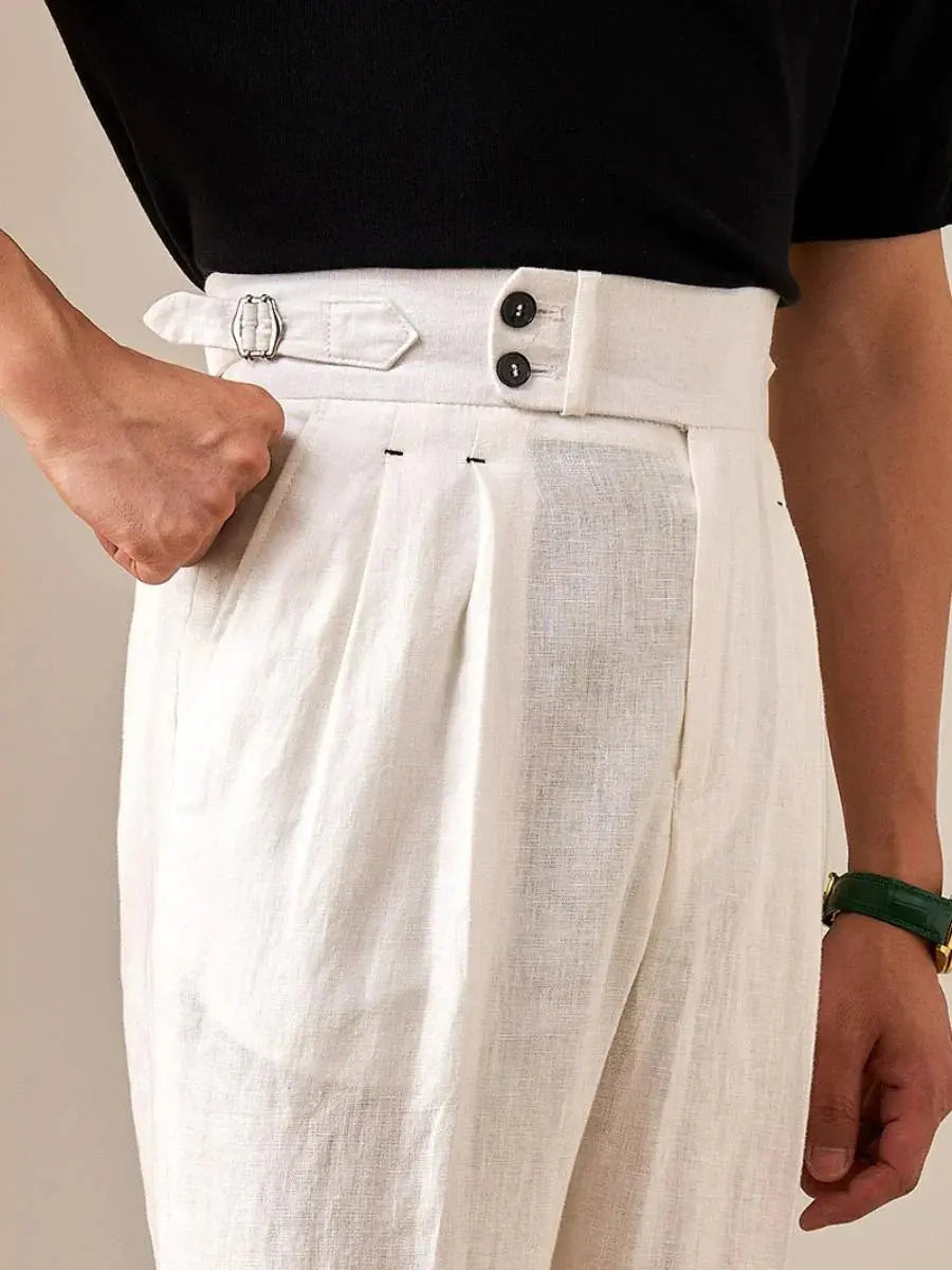 Men's High-Waisted Pleated Linen Trousers