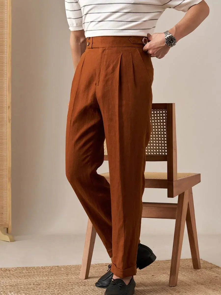 Men's High-Waisted Pleated Linen Trousers