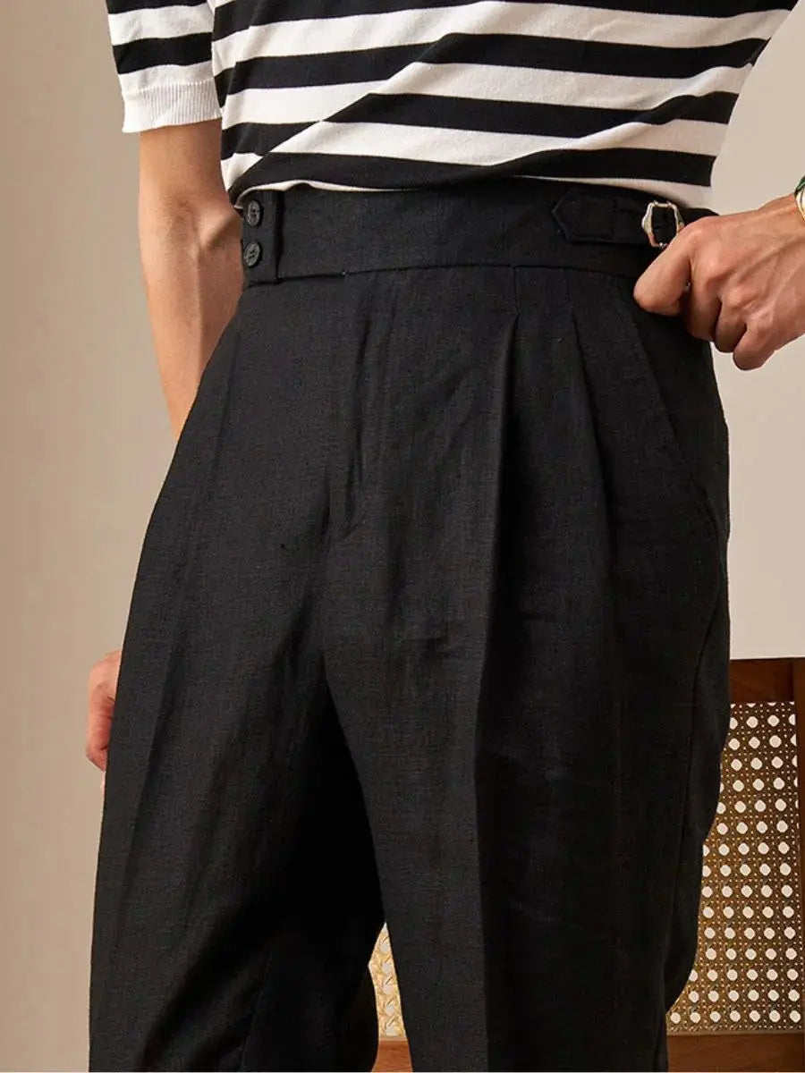 Men's High-Waisted Pleated Linen Trousers