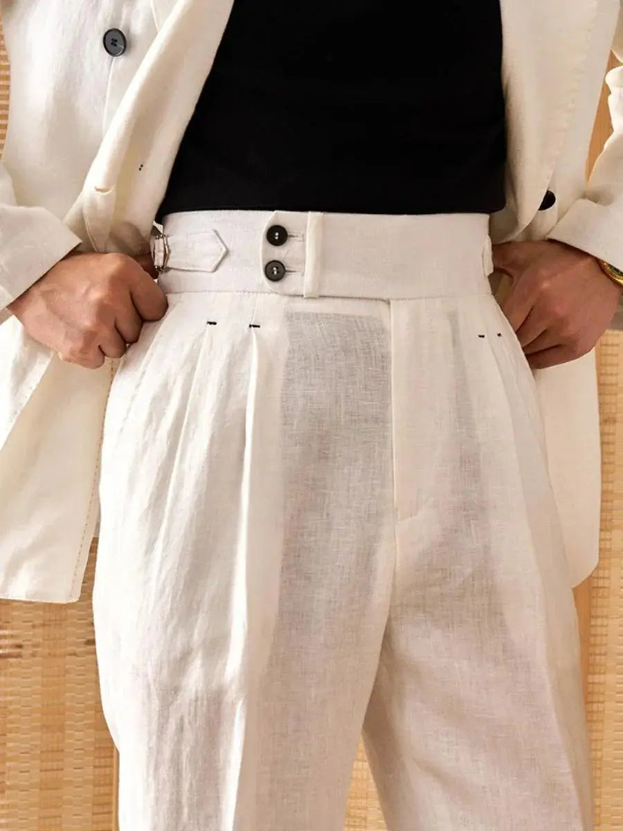 Men's High-Waisted Pleated Linen Trousers