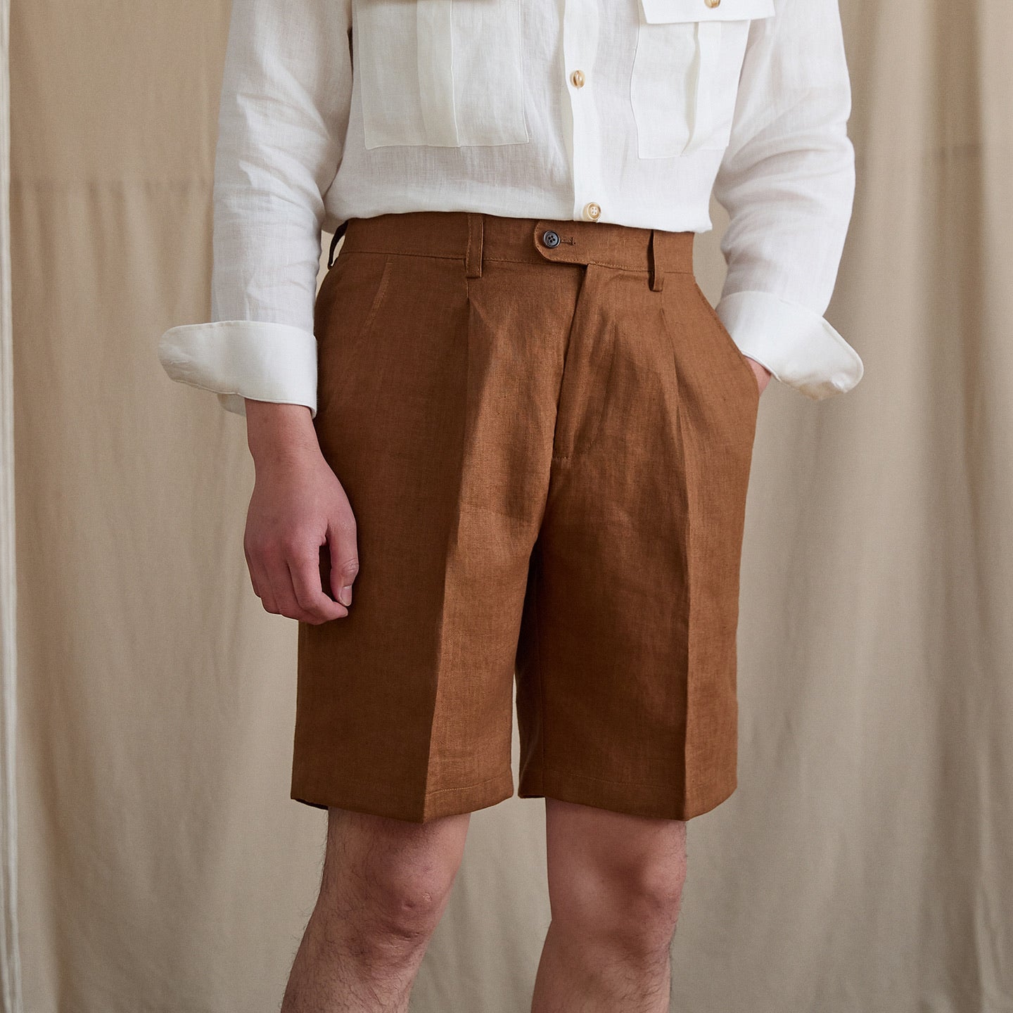 High-Waist Pleated Linen Shorts