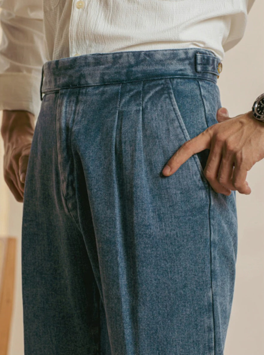Men’s Italian Naples-Style Relaxed Straight-Leg Double-Pleat Jeans - BRABION