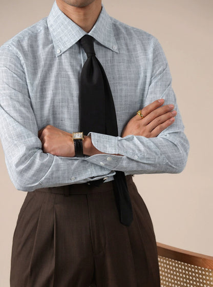 Mens Italian-Style Pointed Collar Plaid Casual Shirt