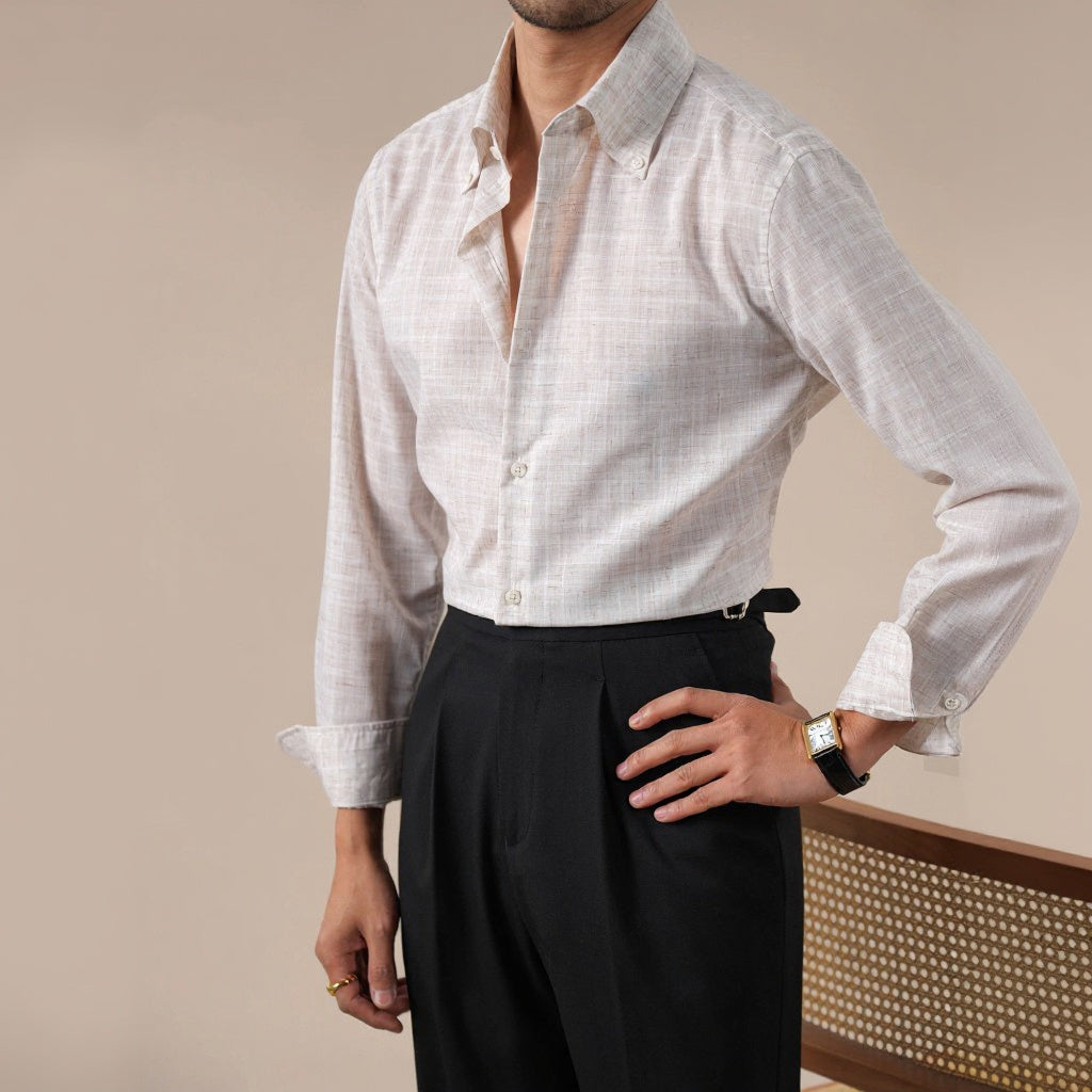 Mens Italian-Style Pointed Collar Plaid Casual Shirt