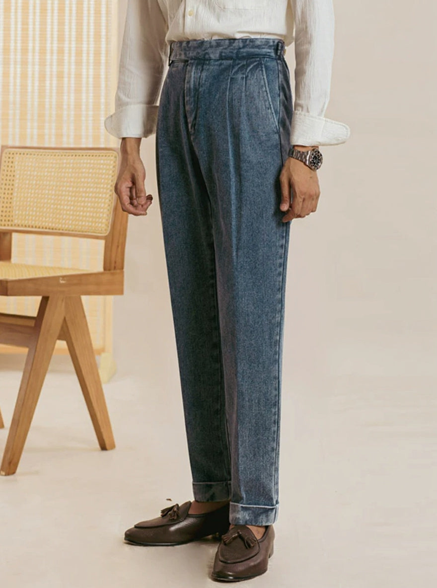 Men’s Italian Naples-Style Relaxed Straight-Leg Double-Pleat Jeans - BRABION