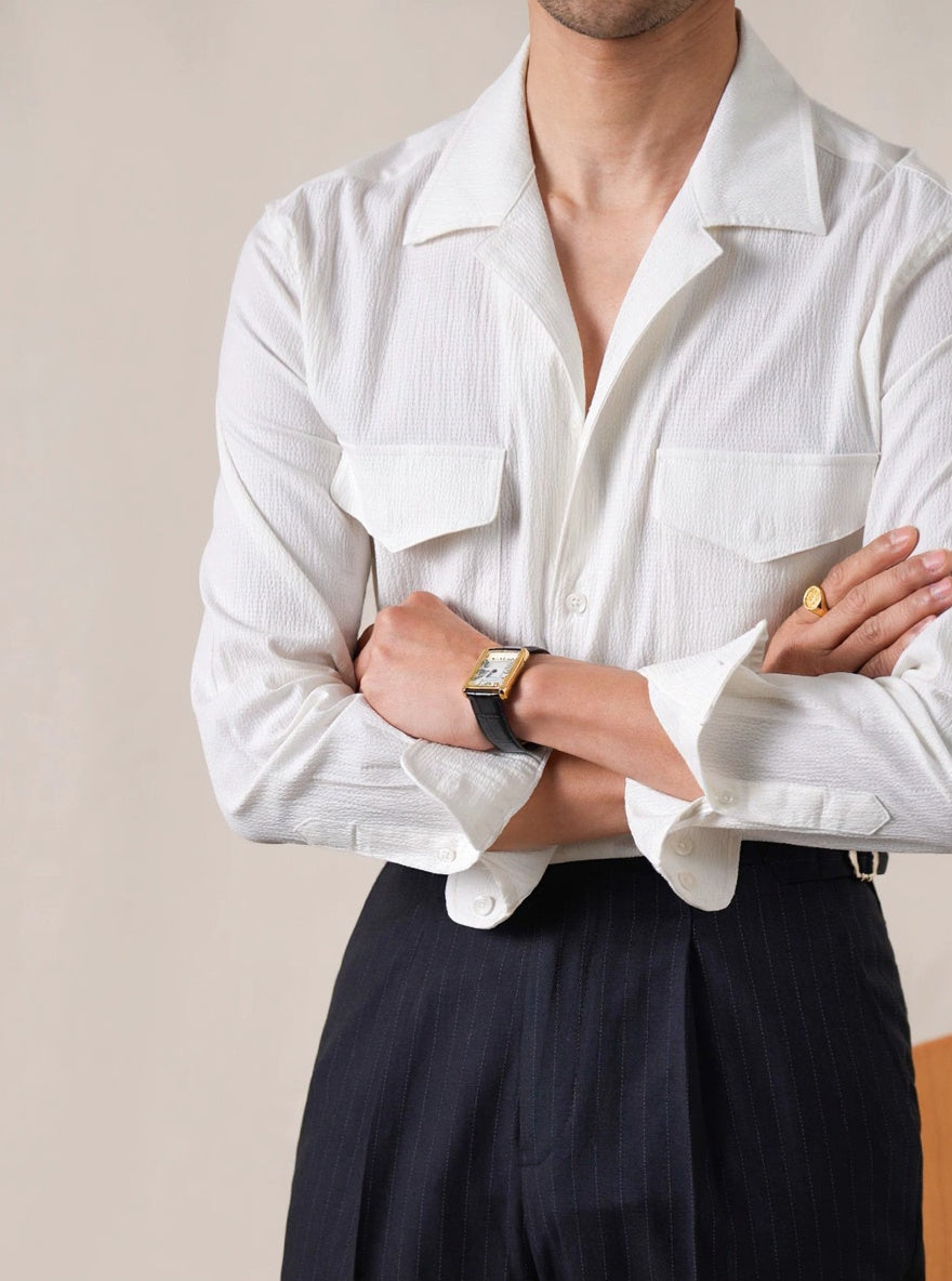 Mens Long Sleeve Textured Cuban Collar Shirt