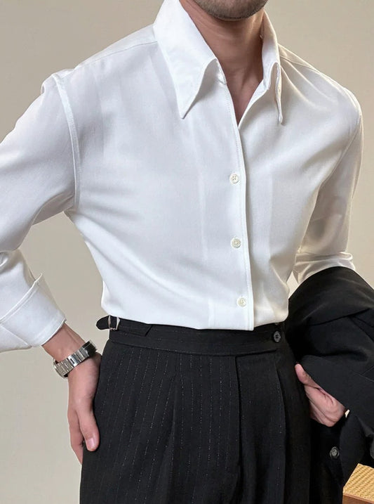 Men's White Long-Sleeve Shirt, Wrinkle-Resistant, Casual Business