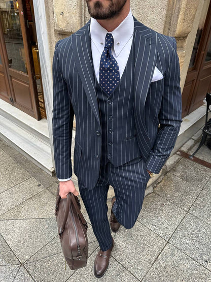 Navy Striped Slim-Fit Suit 3-Piece VIOSSI