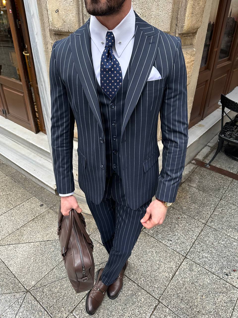 Navy Striped Slim-Fit Suit 3-Piece VIOSSI