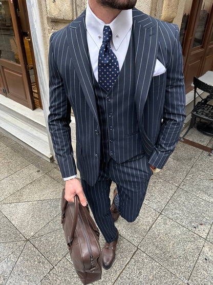 Navy Striped Slim-Fit Suit 3-Piece VIOSSI