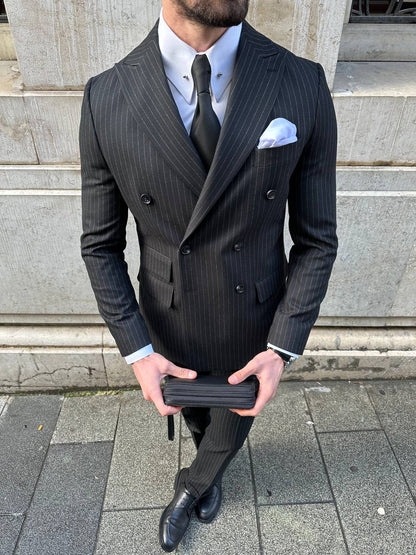Black Striped Double Breasted Suit 2-Piece VIOSSI