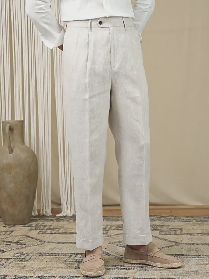 Men's Summer Breathable Pure Linen High-Waisted Trousers | 1059896797164