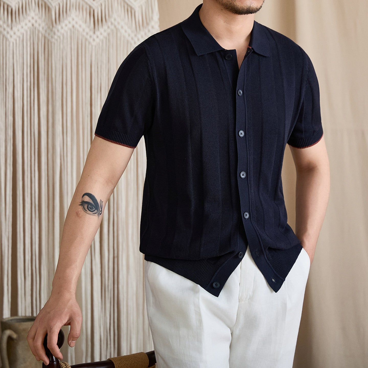 Contrast-Tipped Ribbed Knit Polo BRABION
