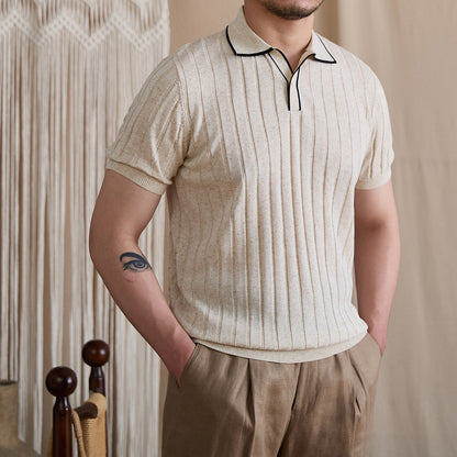 Contrast-Tipped V-Placket Ribbed Polo BRABION
