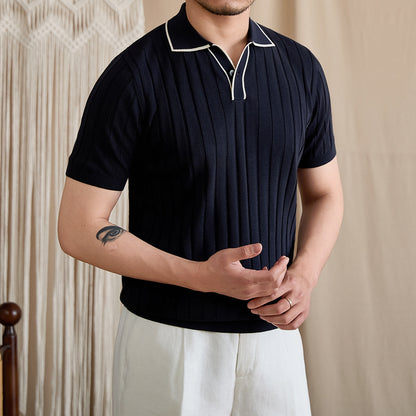 Contrast-Tipped V-Placket Ribbed Polo