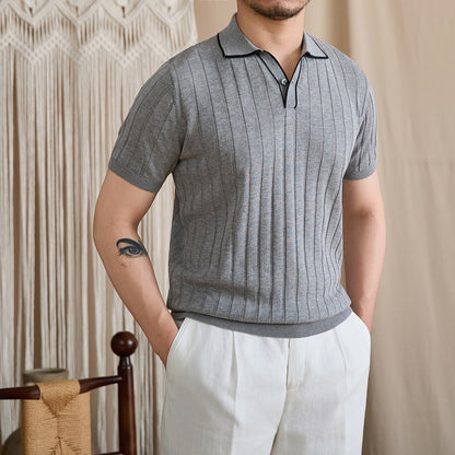 Contrast-Tipped V-Placket Ribbed Polo