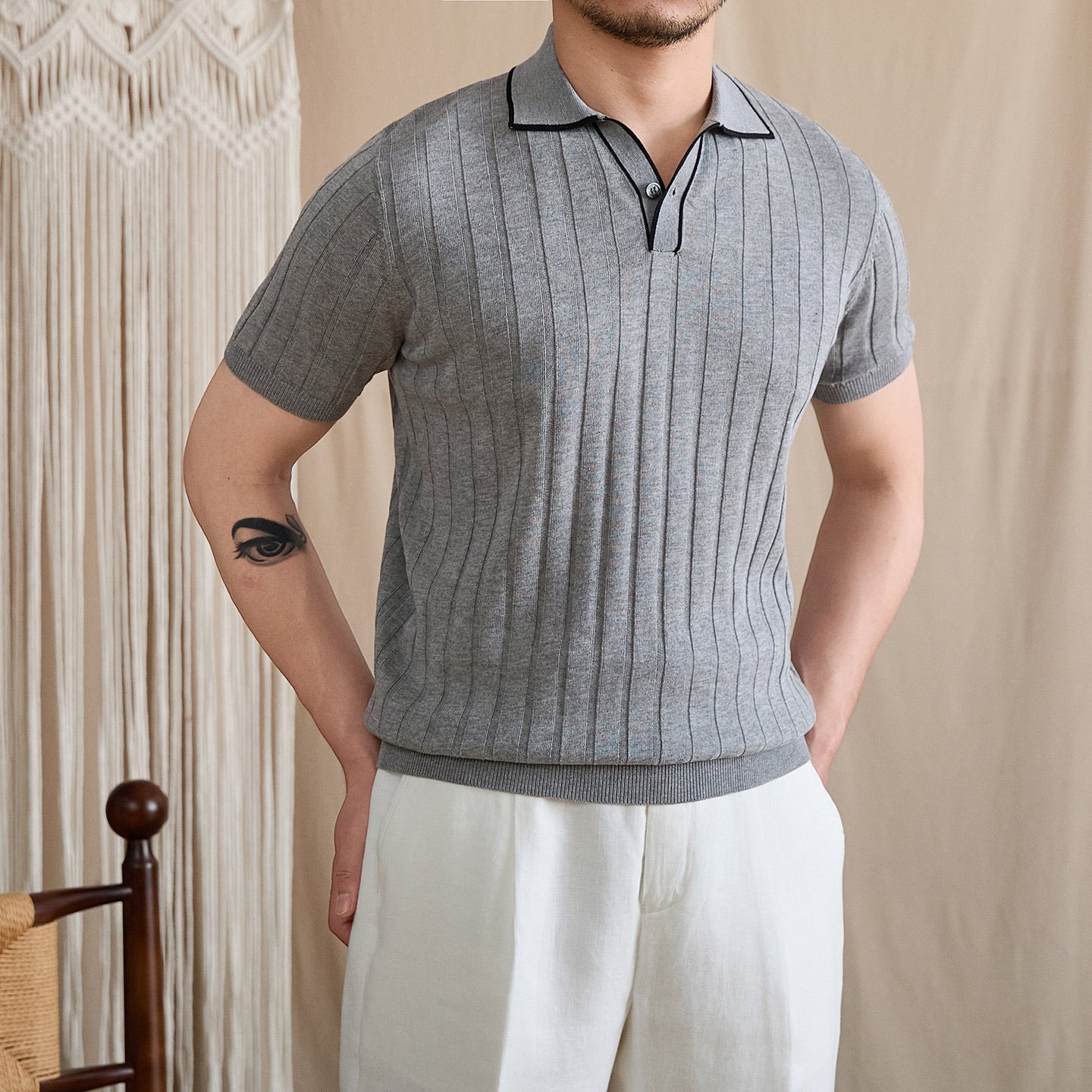 Contrast-Tipped V-Placket Ribbed Polo BRABION