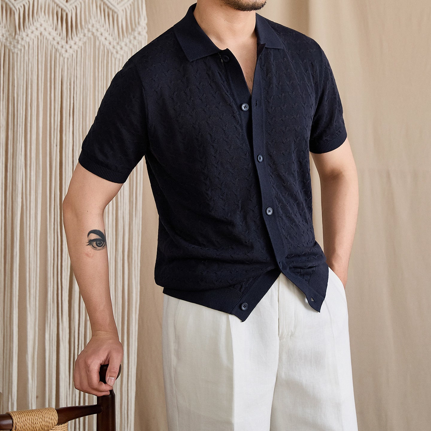 Pointelle Openwork Knit Polo Cardigan BRABION