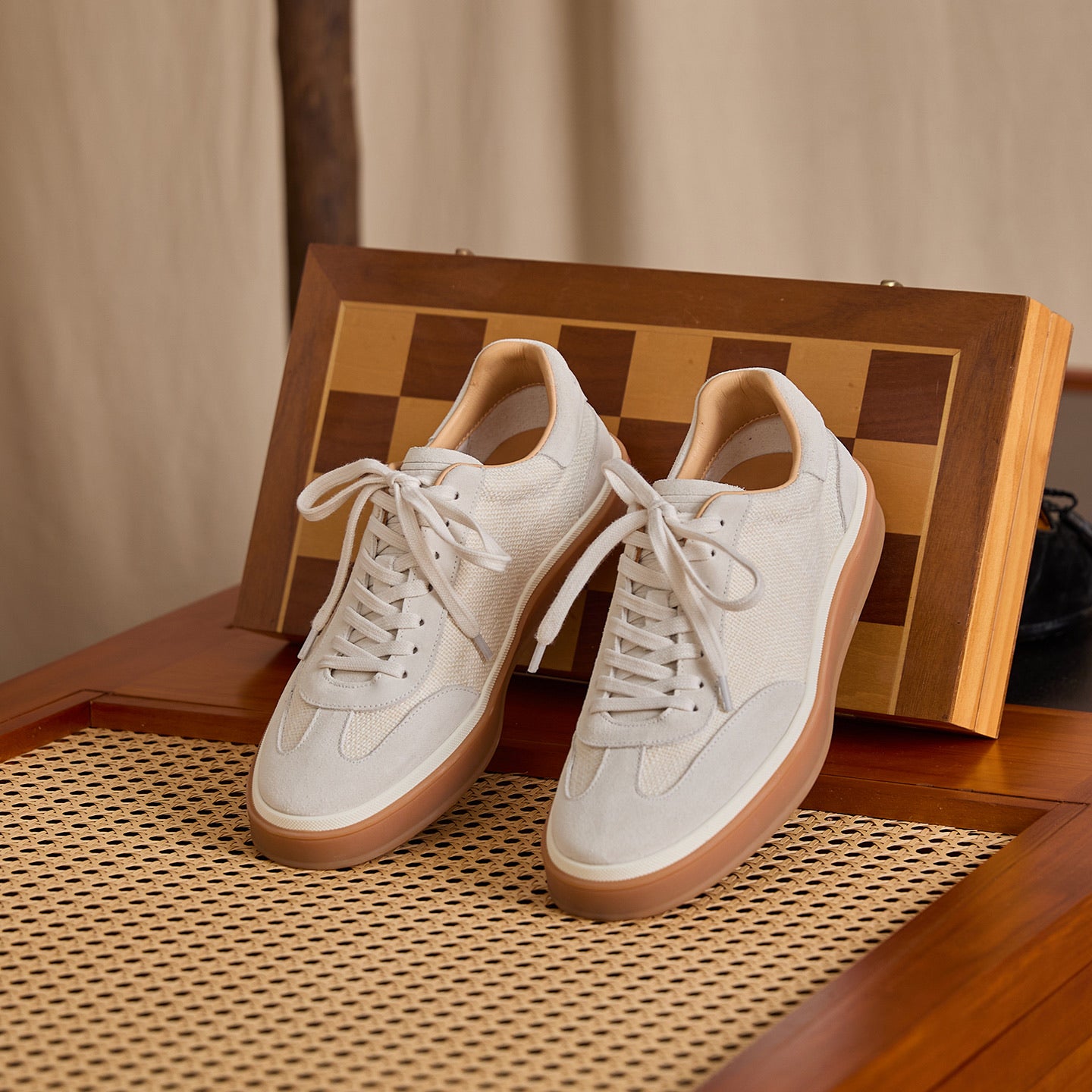 Leather & Linen Low-Top Lace-Up Sneakers
