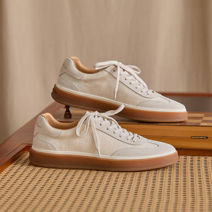 Leather & Linen Low-Top Lace-Up Sneakers BRABION