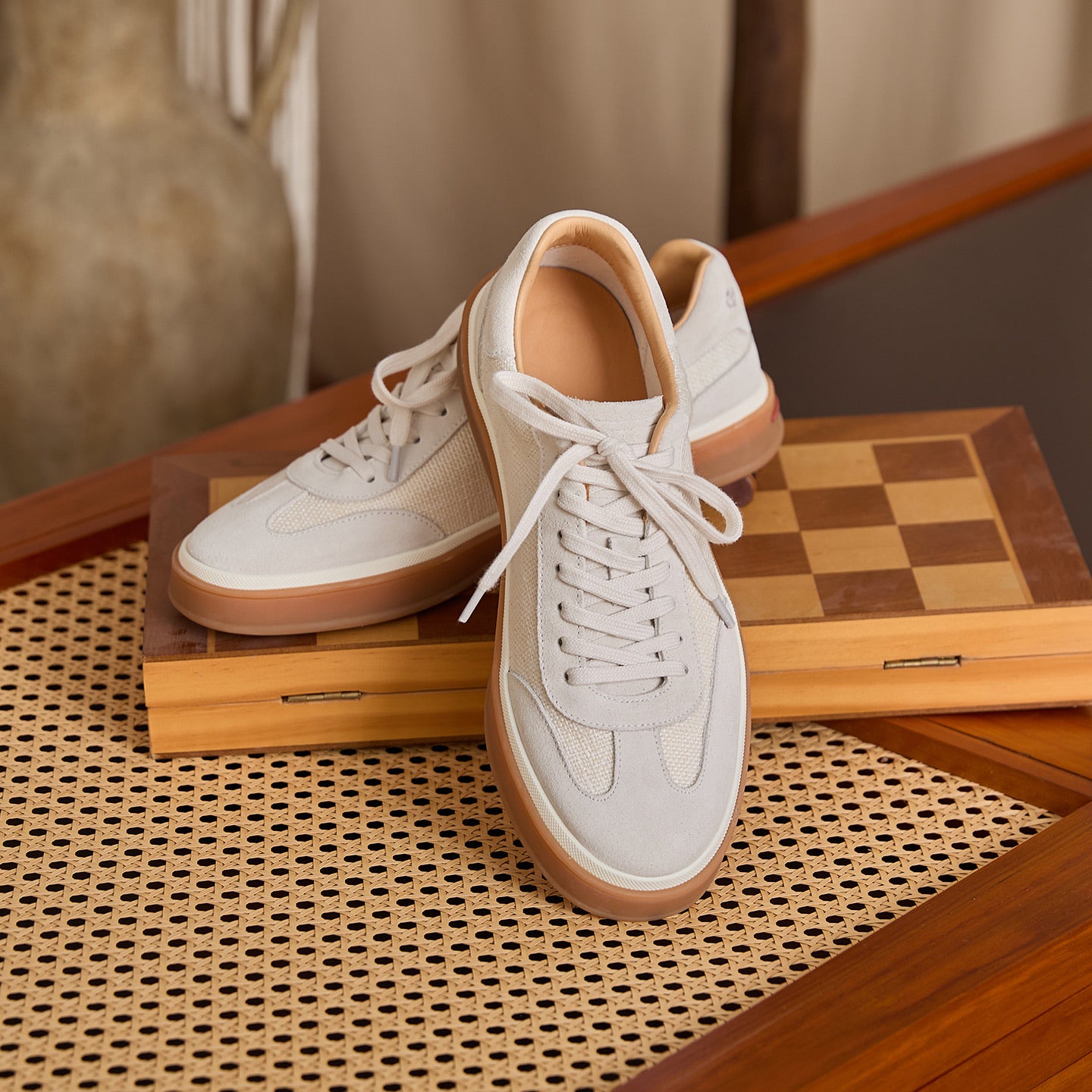 Leather & Linen Low-Top Lace-Up Sneakers BRABION
