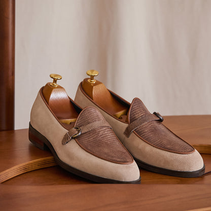 Embossed Leather Buckle-Strap Loafers