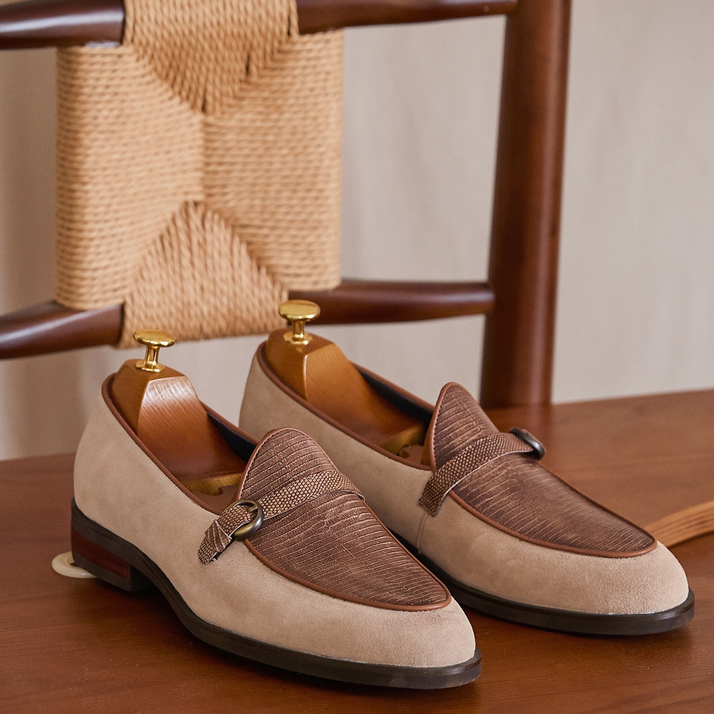 Embossed Leather Buckle-Strap Loafers