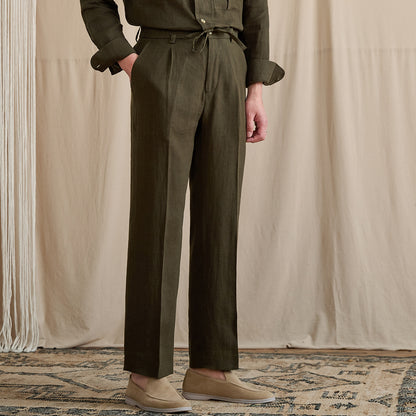 Pleated Linen Drawstring Pants