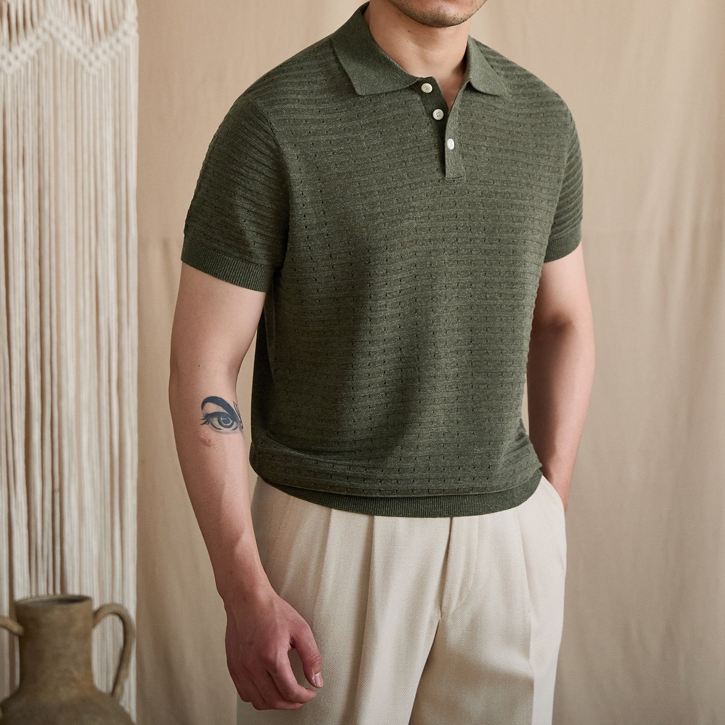 Pointelle Openwork Knit Polo