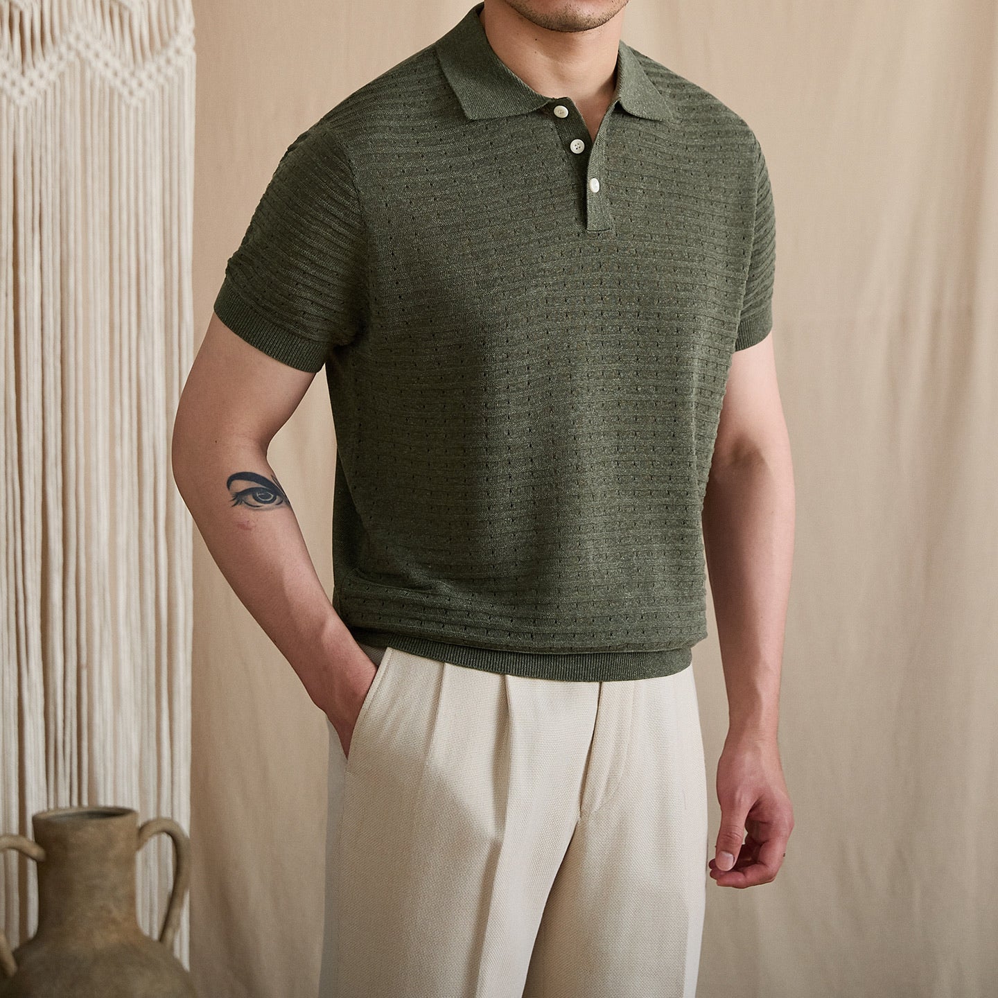 Pointelle Openwork Knit Polo