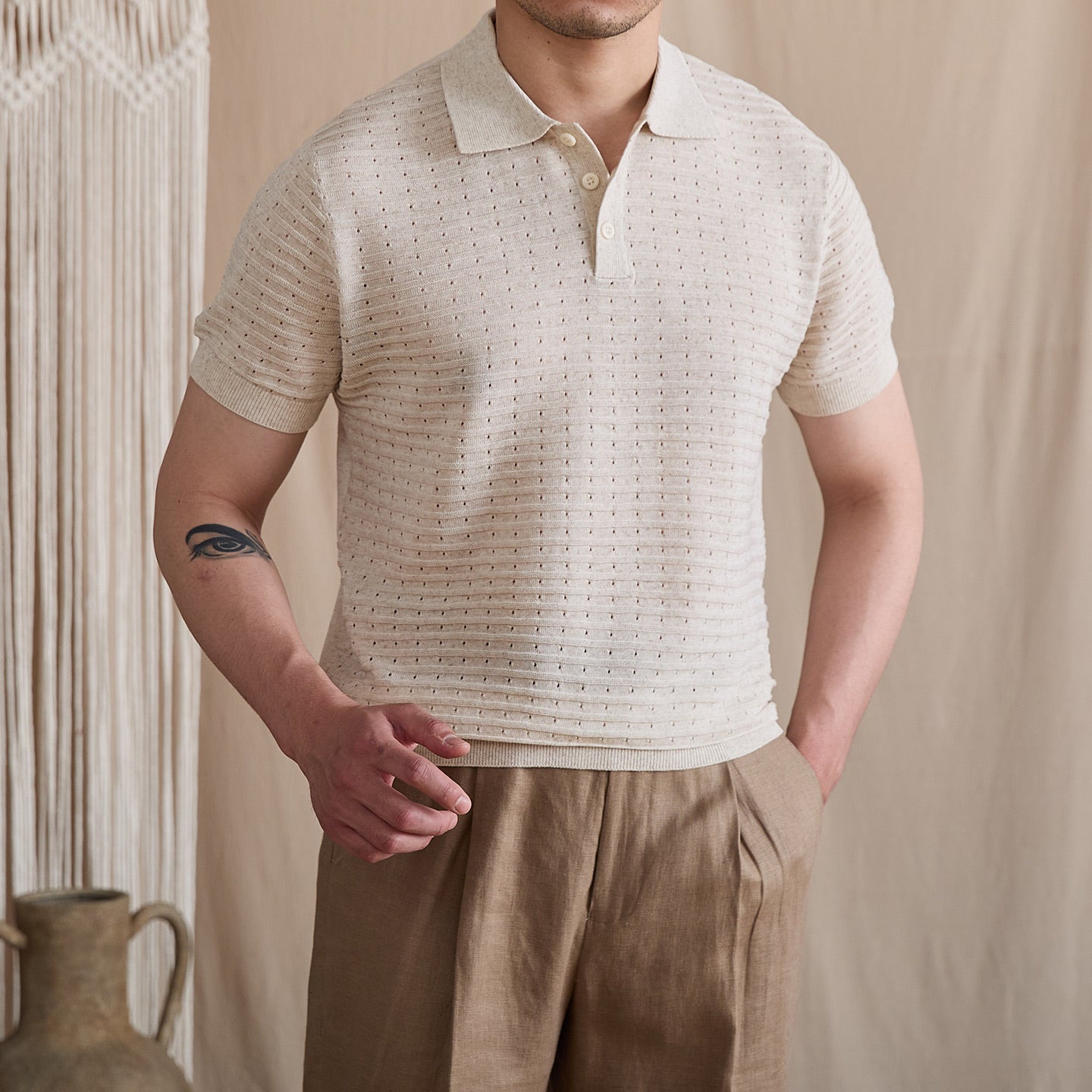 Pointelle Openwork Knit Polo