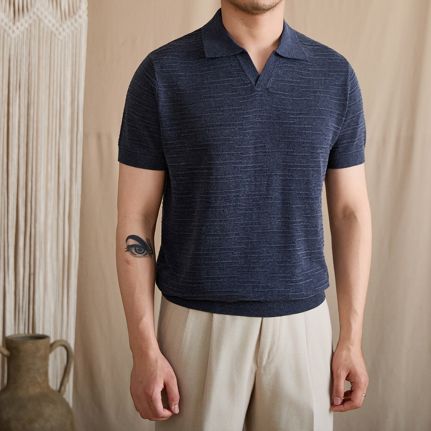Open-Collar Textured Knit Polo