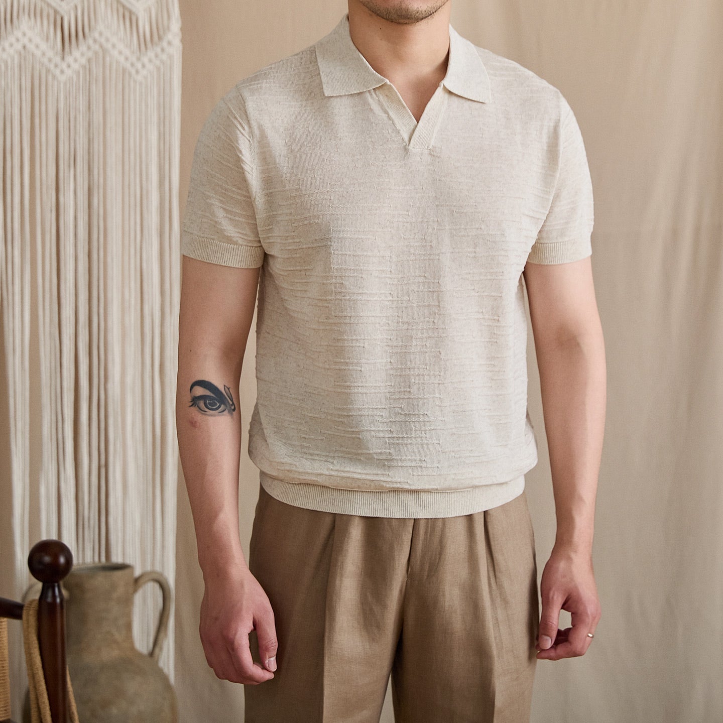 Open-Collar Textured Knit Polo