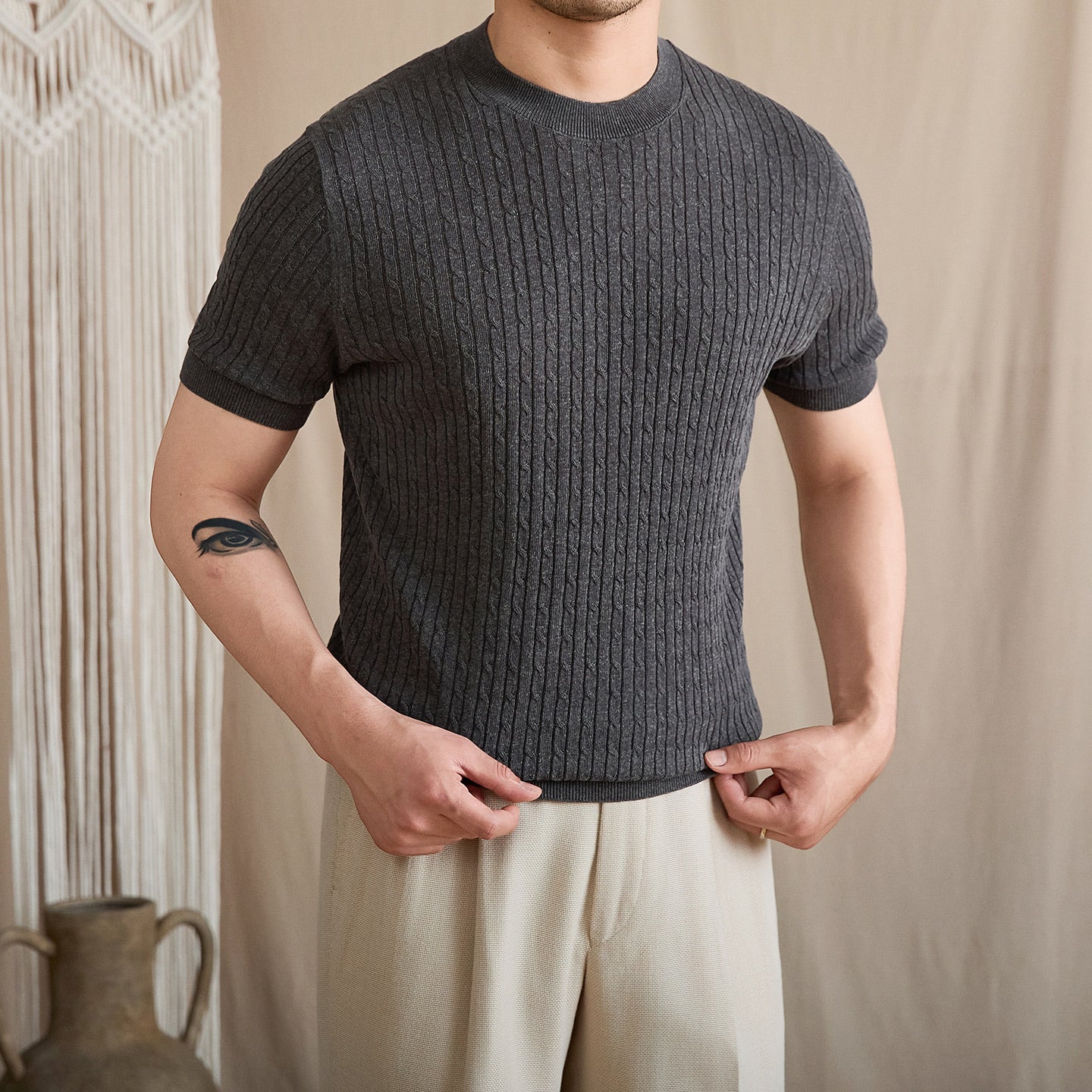 Vertical Cable Knit Crew Tee