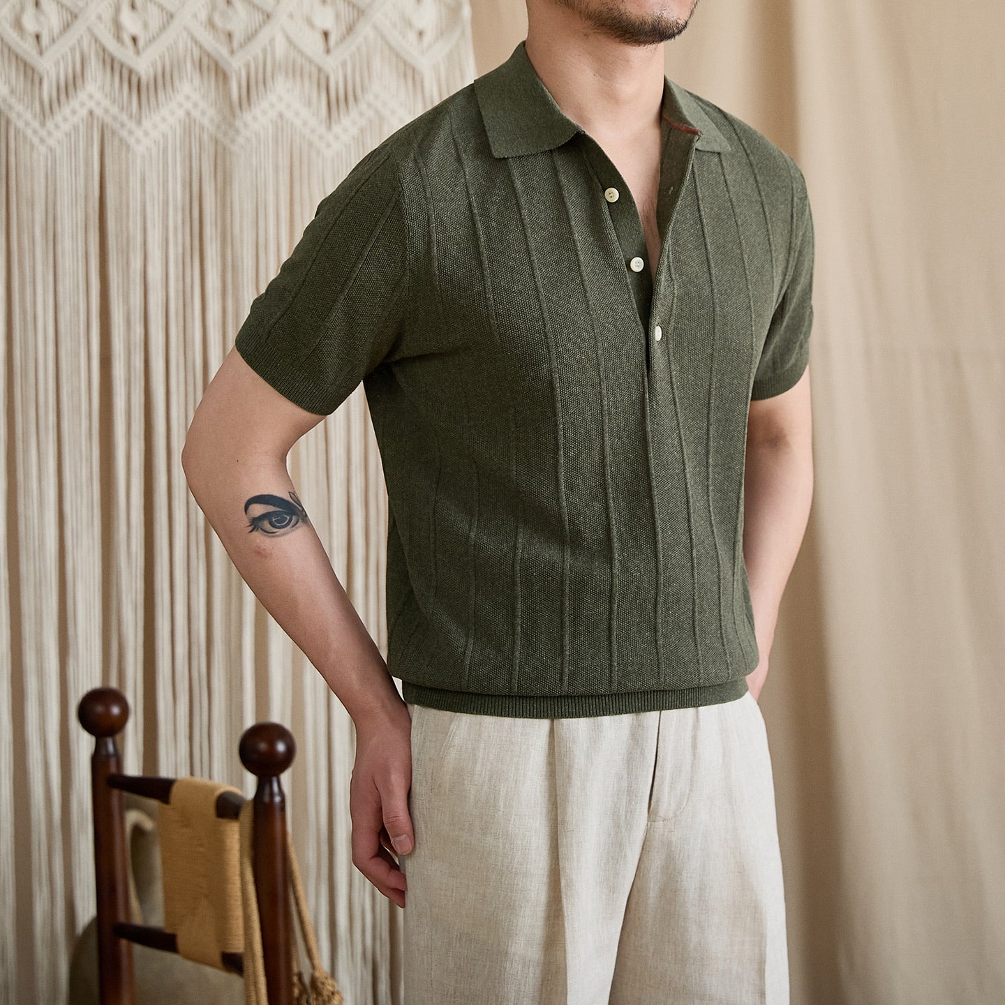 Linen Ribbed Knit Slim-Fit Polo BRABION