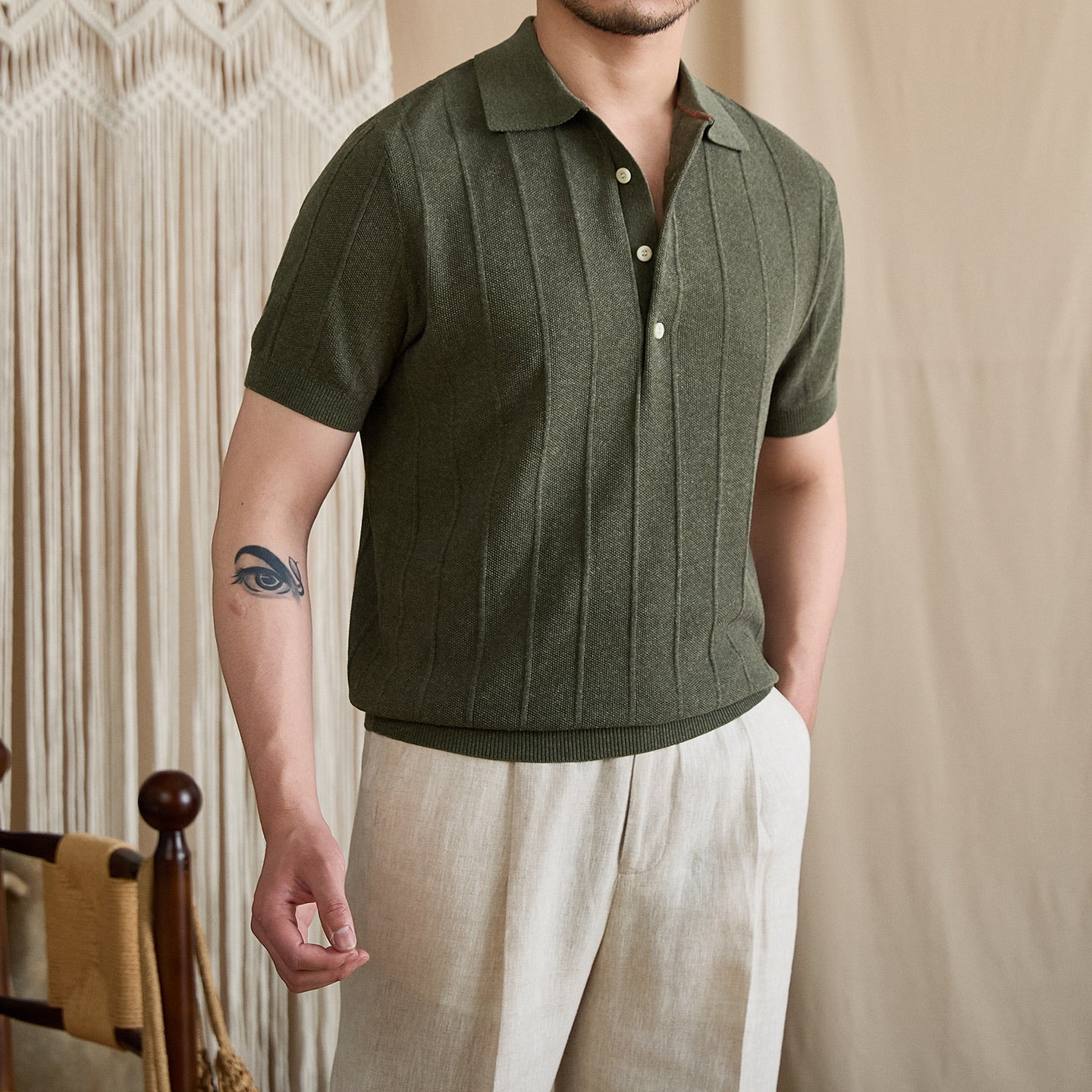 Linen Ribbed Knit Slim-Fit Polo BRABION