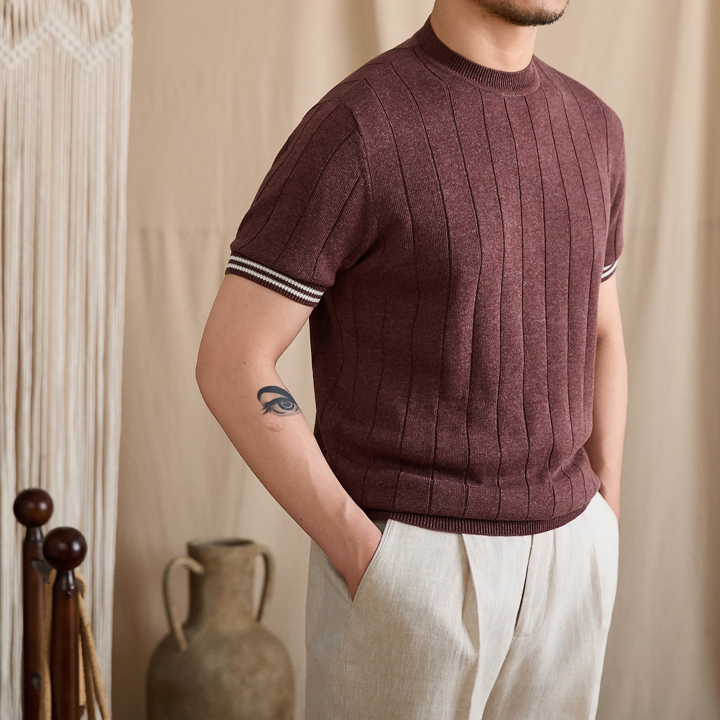 Contrast-Tipped Ribbed Knit Tee BRABION