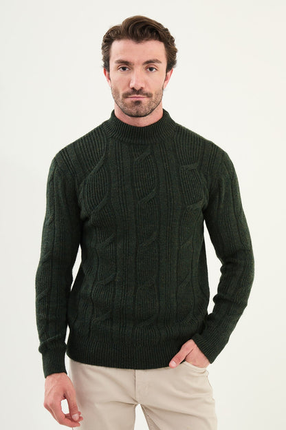 Green Cable-Knit High Neck Sweater