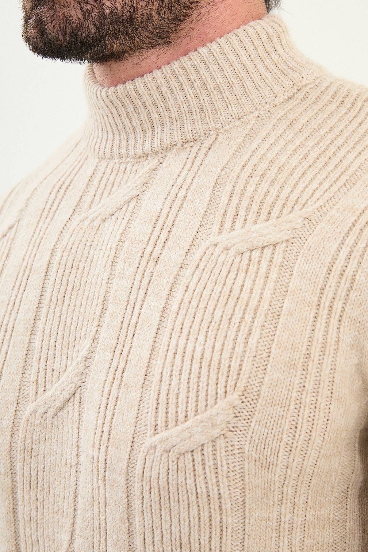Beige Cable-Knit High Neck Sweater