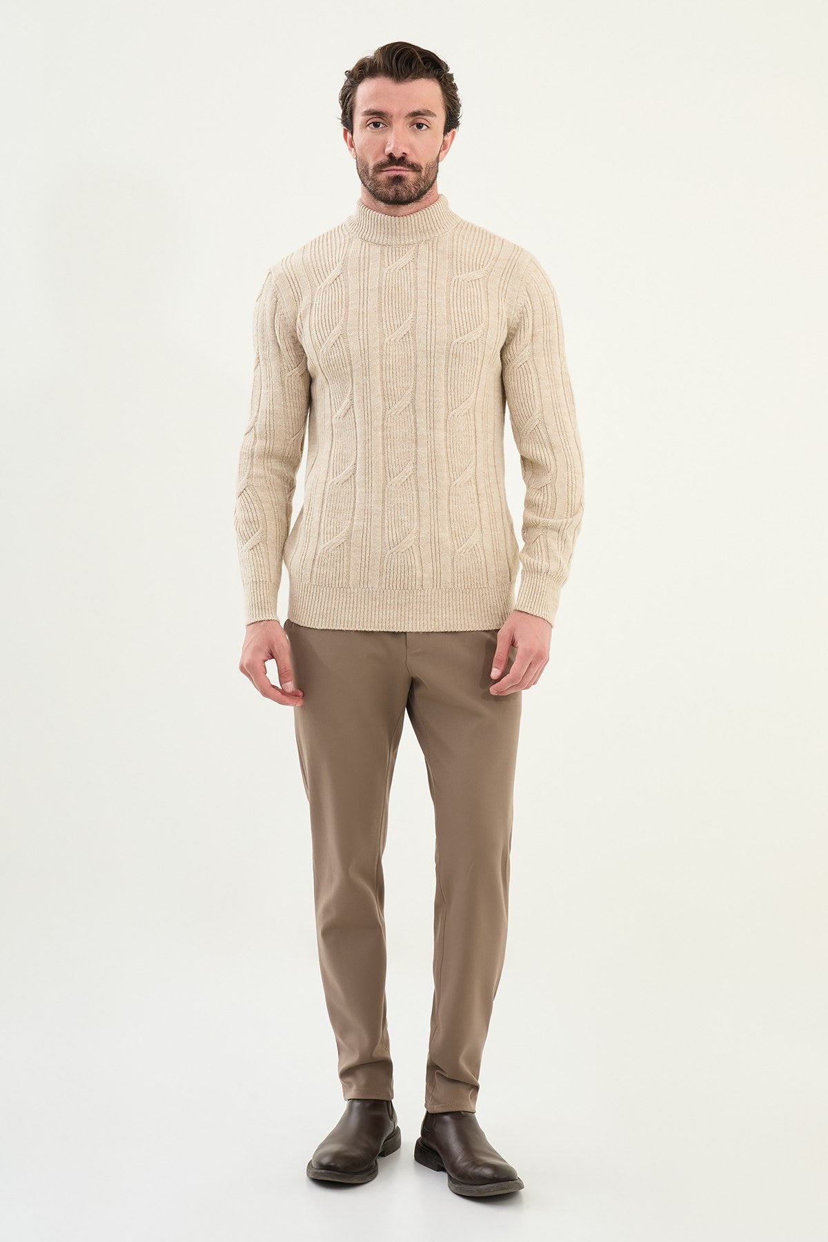 Beige Cable-Knit High Neck Sweater