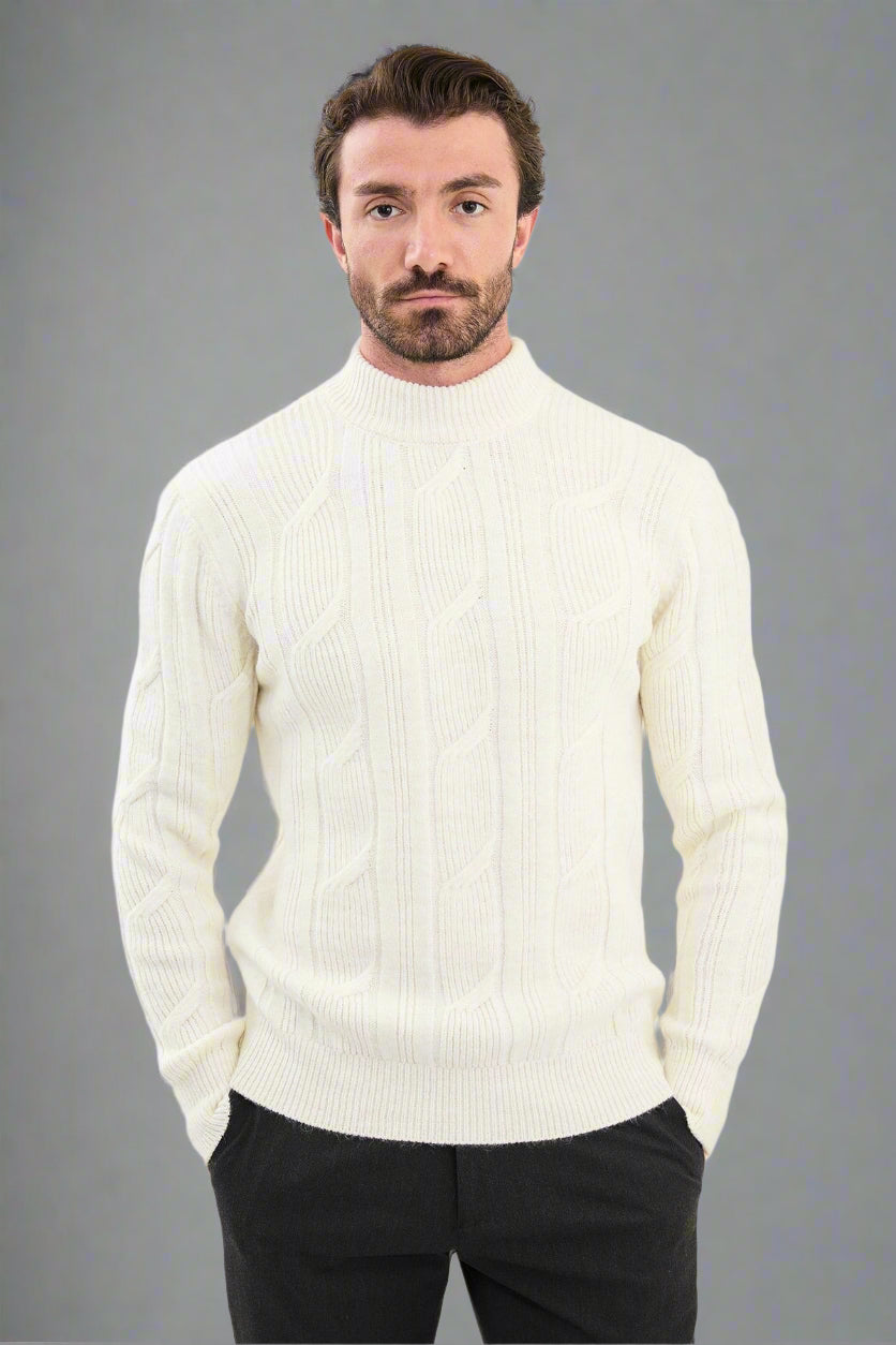 White Cable-Knit High Neck Sweater
