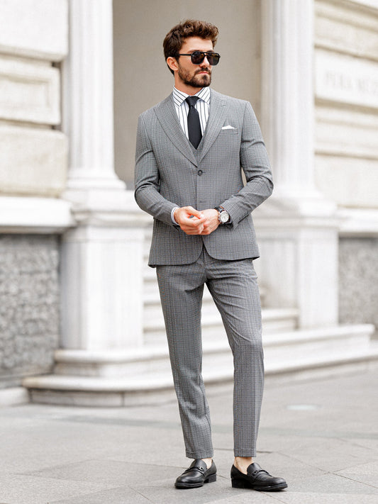 Grey Plaid Slim-Fit Suit 3-Piece VIOSSI