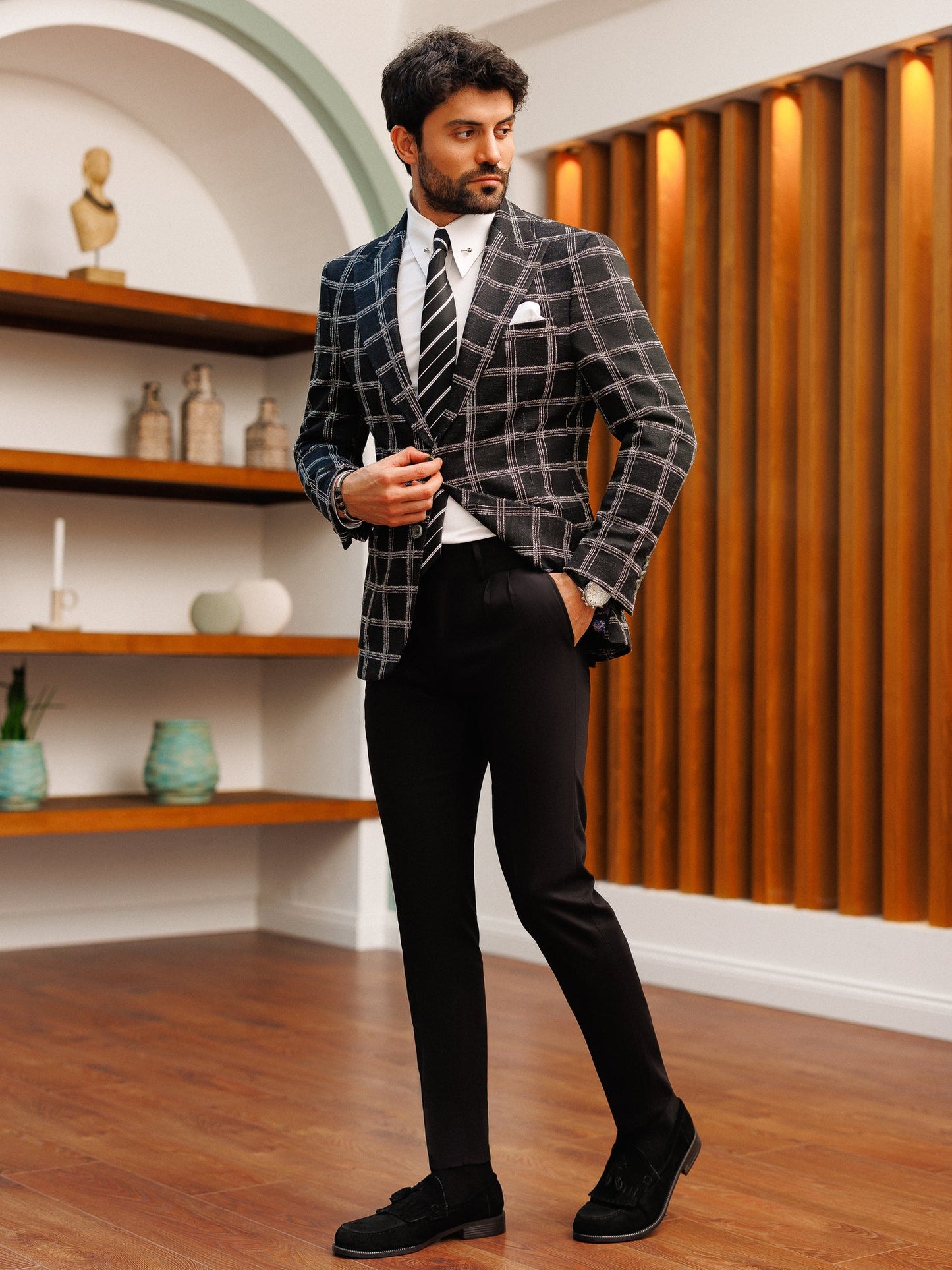 Black Plaid Single Breasted Blazer - BRABION
