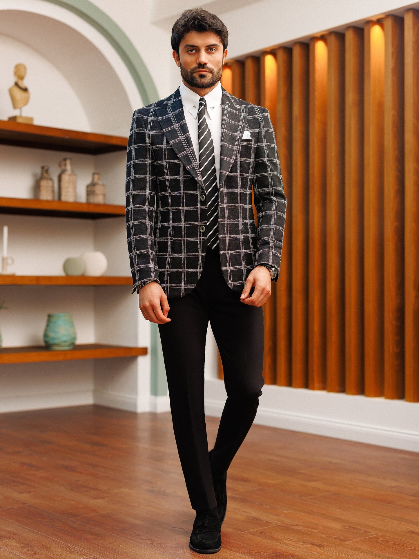 Black Plaid Single Breasted Blazer - BRABION