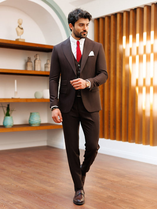 Brown Striped Slim-Fit Suit 3-Piece VIOSSI
